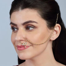 Accessher Gold Plated Delicate Sparkling Ad Embellished Nose Ring with Chain for women