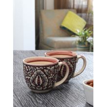 MIAH Decor Handpainted Mughal Design Glazed Coffee Mugs Cum Serving Tea Cups Set, Set Of 2, Pink