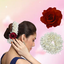 Majestique Artificial White Mogra Scented Gajra & Red Rose Fake Flower Clip Combo
