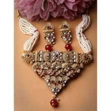 ADIVA Red Gold-Plated Kundan Stone Studded Pearls and Meenakari Handcrafted Jewellery Set