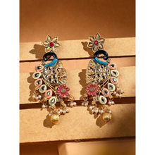 ADIVA 18K Gold-Plated Peacock Royale Meenakari Kundan Earrings with Floral and Pearl Drops