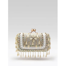 Fabbhue Womens Hand Embroidery Box Clutch With Detachable Shoulder Strap White