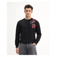 Rare Rabbit Mens Lyra Black Cotton Blend Graphic Print Regular Fit Crew Neck Sweatshirt