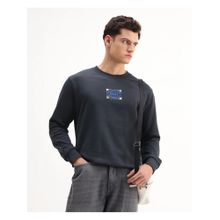 Rare Rabbit Mens Wolf Dark Grey Cotton Embroidered Regular Fit Crew Neck Sweatshirt
