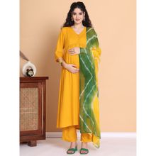 Secret Wish Mustard Solid Rayon Maternity Kurta with Pant and Dupatta (Set of 3)