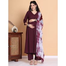 Secret Wish Wine Solid Rayon Maternity Kurta with Pant and Dupatta (Set of 3)