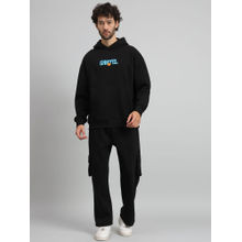 Griffel Men Oversized Fit New Era Print Front Logo Cotton Black Fleece Tracksuit (Set of 2)
