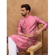 ETHNIC BAY Men Pink Silk Blend Geometric Printed Straight Kurta