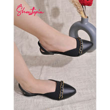 Shoetopia Upper Chain Detailed Pointed Toe Black Flat Mules