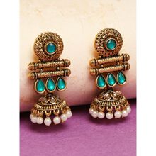 OOMPH Jewellery Antique Gold Tone Green Stones with Beads Ethnic Jhumka Earrings