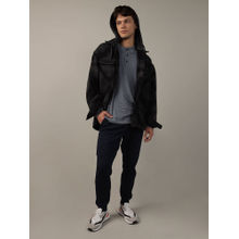 American Eagle Men Black Super Soft Printed Hooded Flannel Shirt