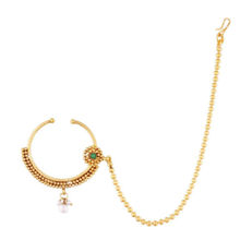 Peora Gold Plated Pearl Ad Nose Ring/Nath Pearl Chain Padmavati Jewellery (PF37NL09G)