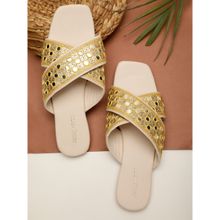 GLAM STORY Yellow Mirror Work Open Toe Flats for Women