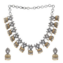 Peora Antique German Silver Plated Dual Tone Oxidised Choker Necklace Earring Set (PF55N08S)
