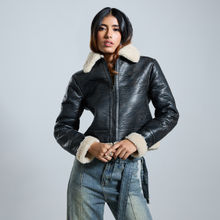 Black Washed Fur Neck Full Sleeves Leather Jacket