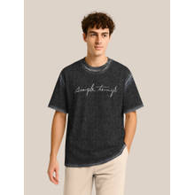 BULLMER Trendy Denim Black Half Sleeve Oversized Crew Neck T-Shirt for Men