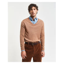 GANT Men Beige Solid V-Neck Full Sleeves Sweater