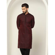 KISAH Men Maroon & Black Textured Silk Blend Jacquard Kurta with Abstract Print