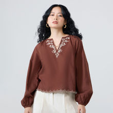 Twenty Dresses by Nykaa Fashion Brown Embroidered Balloon Sleeves Top