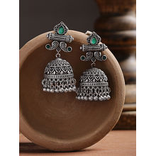 Infuzze Green Oxidised Silver-Plated Stone-Studded Handcrafted Dome Shaped Jhumkas