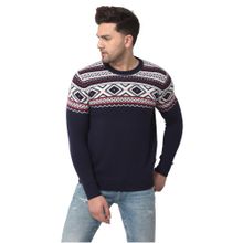WOODLAND Mens Self Design Full Sleeves Blue Sweater