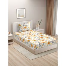HOSTA HOMES White Orange Floral 210 Tc Cotton Flat Single Bedsheet with 1 Pillow Cover
