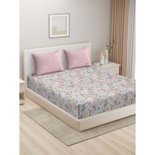 HOSTA HOMES White Pink Floral 280 Tc King Pure Cotton Bedsheet with 2 Pillow Covers