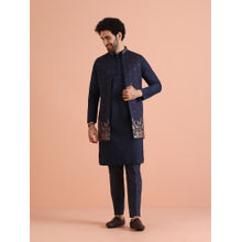 KISAH Navy Blue Cotton Blend Embroidered Kurta with Jacket & Trouser (Set of 3)