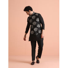 KISAH Black Cotton Blend Embroidered Kurta with Jacket & Trouser (Set of 3)