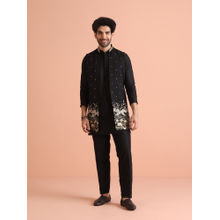 KISAH Black Cotton Blend Embroidered Kurta with Jacket & Trouser (Set of 3)