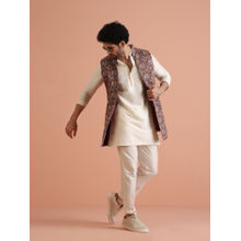 KISAH White & Purple Cotton Blend Printed Kurta with Jacket & Trouser (Set of 3)