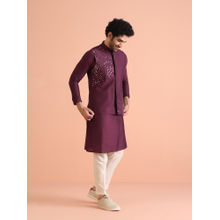 KISAH Wine Cotton Blend Embroidered Kurta with Jacket & Trouser (Set of 3)