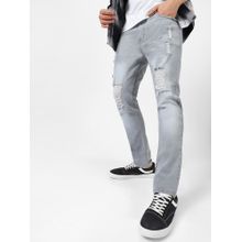 Urbano Fashion Men Light Grey Slim Fit Heavy Distressed Torn Jeans