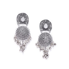 Infuzze Oxidised Silver Toned Beaded Mirror Geometric Drop Earrings