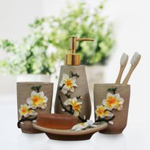 Shresmo Bathroom Set 4 Piece, Beige Floral Polyresin Bath Set Collection