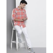 The Indian Garage Co Men Regular Fit Checkered Full Sleeves Cutaway Collar Casual Shirt - Coral