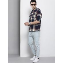 The Indian Garage Co Men Regular Fit Checkered Full Sleeves Hooded Casual Over Shirt - Navy Blue