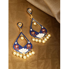 Infuzze Navy Blue & Cream-Coloured Gold-Plated Beaded Meenakari Teardrop Shaped Earrings