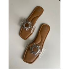Sana K Luxurious Footwear Brown Star Sliders Square Toe Flats
