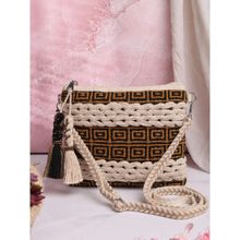 Anekaant Boho Natural , Black and Mustard Crochet Stitch Striped Canvas Dari Sling Bag