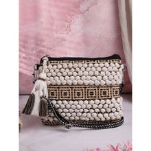 Anekaant Boho White, Black and Mustard Knot Stich Striped Canvas Dari Sling Bag