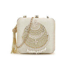 Anekaant Vista Off White and Gold Embellished Faux Silk Clutch