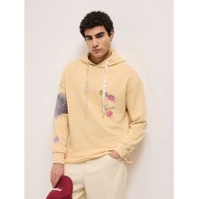THE BEAR HOUSE Men's Beige Relaxed Fit Printed Cotton Casual Hoodie