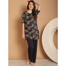 Kanvin Navy Blue Floral Printed Round Neck Night Suit (Set of 2)