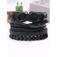 Peora Men Black Leather Handmade Bracelets (Pack of 4)