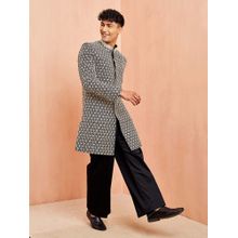 Vastramay Men Black Embroidered Sherwani with Black Wide Leg Pant