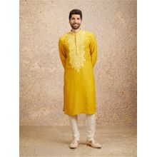 Twamev Yellow Art Silk Embroidered Kurta Churidar for Men (Set of 2)
