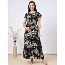 Secret Wish Black Floral Rayon Zipless Maternity Nighty