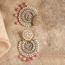 Karatcart White Kundan Peach Beads Gold-Plated Handcrafted Chandbali Earrings
