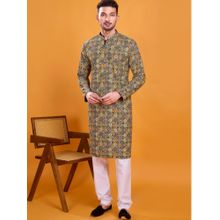 SHIWAM ETHNIX Men Yellow Silk Blend Geometric Straight Kurta